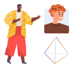 Person pointing at a cube diagram and face portrait in frames, bridging ideas of teamwork and creativity. Ideal for education, diversity, creativity, geometry, partnerships, role model, mentoring