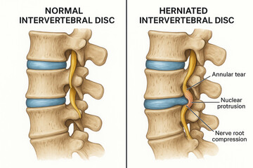 Illustration comparing a normal intervertebral disc with a herniated intervertebral disc, highlighting annular tear, nuclear protrusion, and nerve root compression.