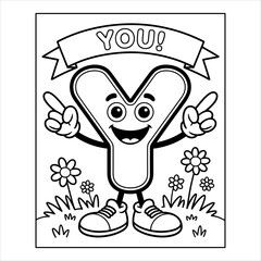 Alphabet Letter Y Coloring Page for Kids, Fun Educational Printable Vector, Cartoon Letter Y with Face and Shoes, Alphabet Learning Coloring Sheet for Children.
