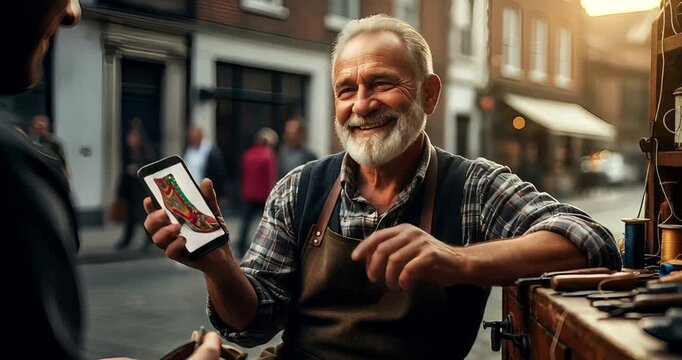 Experienced shoemaker proudly presents custom boot design on smartphone to customer outdoors