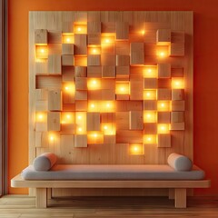 Wooden wall art with lights, and a bench