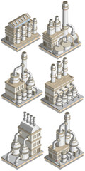 Set of industrial buildings. Isolated on white background. Isometric. Vector illustration.