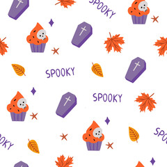 Cute spooky Halloween themed vector seamless pattern design with carved pumpkin, bats, black cat, witchy hat, skull illustration in cartoon retro groovy funky style for wrapping paper, background