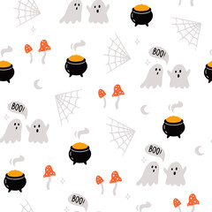 Cute spooky Halloween themed vector seamless pattern design with carved pumpkin, bats, black cat, witchy hat, skull illustration in cartoon retro groovy funky style for wrapping paper, background