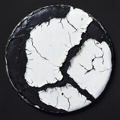 Abstract circular artwork, black and white, textured.  Cracked, segmented,  surface
