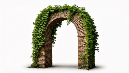 A weathered brick archway covered in lush green ivy, isolated on a white background 