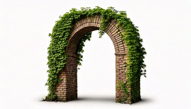 A weathered brick archway covered in lush green ivy, isolated on a white background 