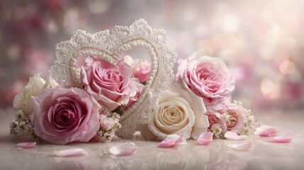 Obraz premium Pink and white roses in heart shaped decor