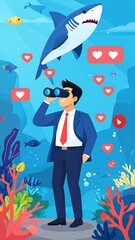 Businessman underwater using binoculars, surrounded by coral reef, fish, shark, and social media hearts