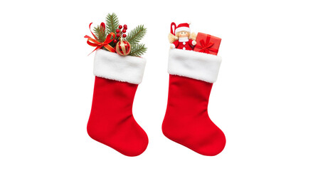 Red Christmas Stockings Filled with Ornaments, Santa Figure, and Holiday Decor on White Background