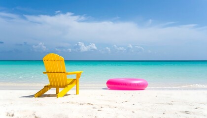 Bright yellow beach chair and pink inflatable ring on a white sand beach