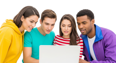 Group of Young Adults Collaborating Around Laptop in Casual Attire on White Background
