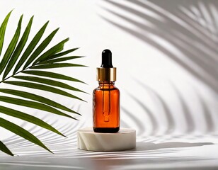 Amber dropper bottle with palm leaf shadow on white background