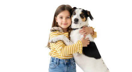 Happy Little Girl Hugging Her Dog Best Friend on White Background
