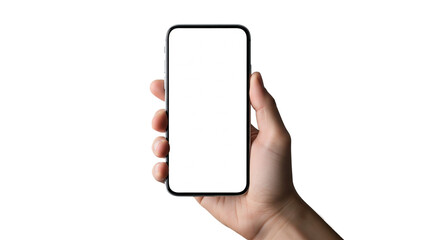 Hand Holding Smartphone with Blank White Screen on White Background
