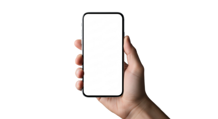 Hand Holding Smartphone with Blank White Screen on White Background