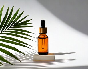 Fototapeta premium Amber dropper bottle with palm leaf shadow on white background