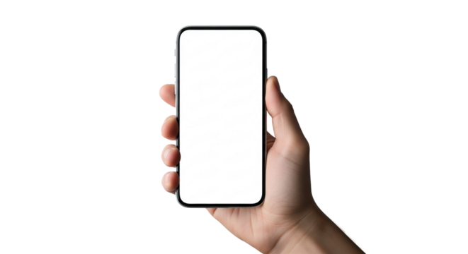 Hand Holding Smartphone with Blank White Screen on White Background