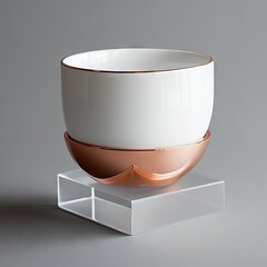 White ceramic bowl with copper base, sits on acrylic pedestal