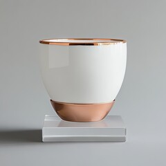 White ceramic bowl with copper rim, on acrylic plinth
