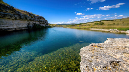 Fototapeta premium Serene River Landscape with Clear Water, Green Hills and Blue Sky under Soft Clouds in a Picturesque Natural Environment