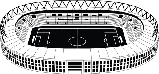 Modern football stadium vector, black and white soccer arena design, top view field layout, sports architecture, digital illustration