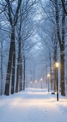 Winter Wonderland Path Through Snowy Woods.