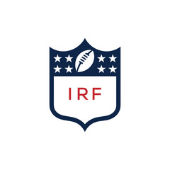 IRF American Football Logo Design. IRF Modern Sports Shield Emblem with Stars and Ball for Football Club IRF Tournament and Team Branding.
