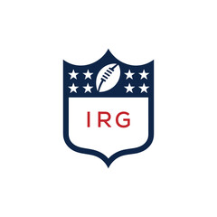IRG American Football Logo Design. IRG Modern Sports Shield Emblem with Stars and Ball for Football Club IRG Tournament and Team Branding.
