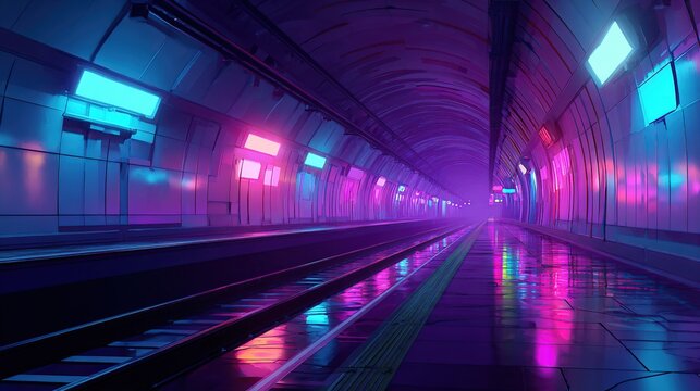 A neon-lit, futuristic subway tunnel with reflective tracks and glowing platform signs