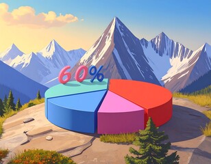 A pie chart rests on a mountaintop, displaying percentages amidst a serene landscape