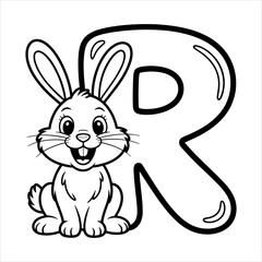 Alphabet Letter R Coloring Page, Cute Rabbit Cartoon Animal Vector for Kids, Printable Bunny Coloring Page, Letter R Alphabet Learning Animal Cartoon Vector.