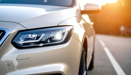 Close-up of a light beige car's headlight