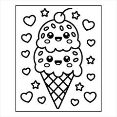 Cute Ice Cream Coloring Page, Kawaii Dessert Cartoon with Hearts and Stars Vector, Printable Ice Cream Coloring Book Page, Fun Sweet Dessert Illustration Black and White Vector.