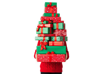 Person in Red Sweater Holding Stack of Wrapped Holiday Gifts on White Background
