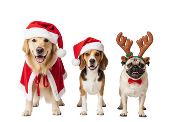 Three Dogs in Holiday Costumes with Santa Hats and Reindeer Antlers on White Background