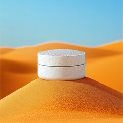 White cosmetic jar on a dune