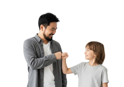 Smiling Father and Child Sharing a Fist Bump on White Background - Powered by Adobe