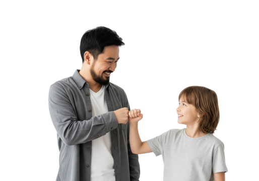 Smiling Father and Child Sharing a Fist Bump on White Background