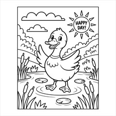 Cute Duck Coloring Page, Cartoon Bird in Pond with Happy Day Sun Vector, Printable Duck Coloring Book Page, Happy Cartoon Bird in Water Black and White Vector.