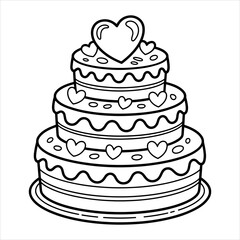 Birthday Cake Coloring Page, Cute Dessert Illustration with Hearts Black and White Vector, Printable Cake Coloring Book Page , Wedding Anniversary Celebration Sweet Dessert Vector.