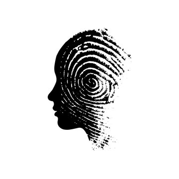 A silhouette of a woman head with a fingerprint pattern symbolizing identity.