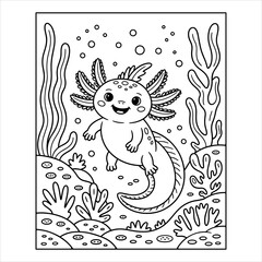 Cute Axolotl Coloring Page, Cartoon Underwater Animal Illustration Black and White Vector, Printable Axolotl Coloring Book Page, Fun Sea Creature Kids Activity Line Art Vector.
