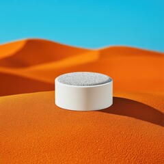 White cylinder podium on orange desert sand, bright sky