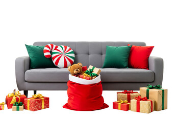 Cozy Sofa Decorated with Christmas Gifts, Santa Bag, and Holiday Pillows
