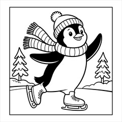 Cute Penguin Coloring Page, Cartoon Winter Animal Ice Skating with Hat and Scarf Vector,  Printable Penguin Coloring Book Page, Fun Winter Animal Illustration Black and White Vector.