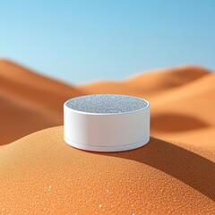 White, cylindrical podium, glittering with silver, rests atop orange desert dunes against a pale blue sky