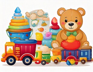 Fototapeta premium Collection of colorful childrens toys including a teddy bear, truck, train, bucket, and stac.jpg
