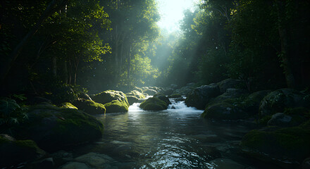 Serene Forest Stream Flowing Through Lush Green Jungle with Sunlight Rays Filtering Through Trees