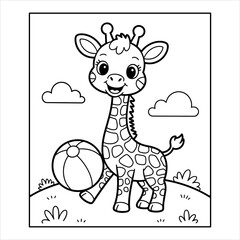 Cute Giraffe Coloring Page Vector for Kids Printable Illustration, Cartoon Giraffe with Ball Line Art Animal Coloring Page, Adorable Giraffe Outline Drawing Fun Activity Coloring Book Vector.